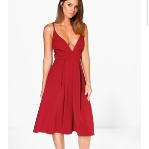 Ash Plunge Neck Full Skirt Midi Skater Dress